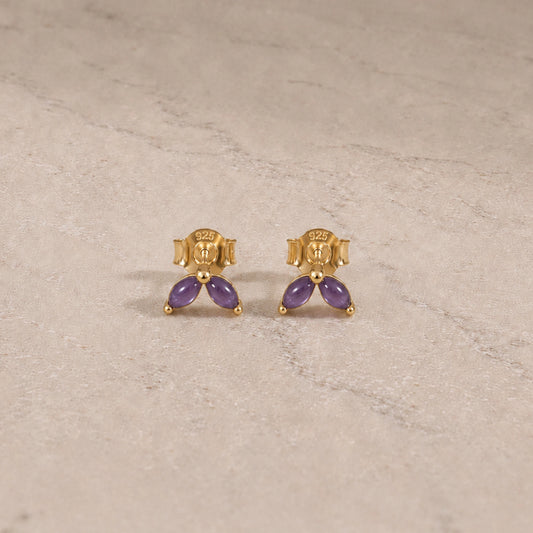 14ct gold vermeil amethyst marquise stud earrings with smooth cabochon gemstones.
