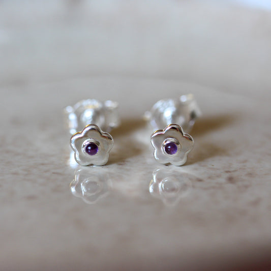 Sterling Silver and Amethyst Flower Stud Earrings - Rose and Wolf