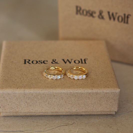 Gold Vermeil and Rainbow Moonstone Huggie Earrings - Rose and Wolf
