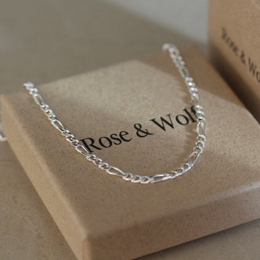 Sterling Silver Figaro Chain Necklace - Rose and Wolf