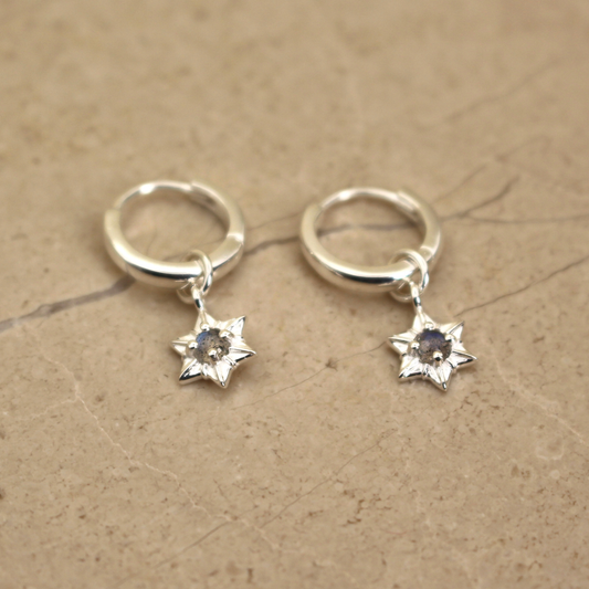 Sterling Silver and Labradorite Star Huggie Earrings - Rose and Wolf