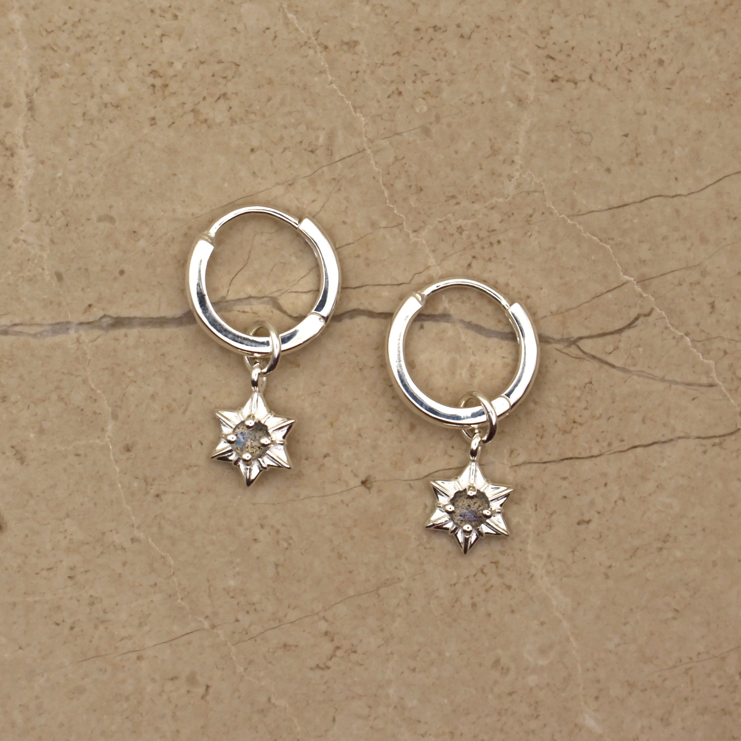 Sterling Silver and Labradorite Star Huggie Earrings - Rose and Wolf