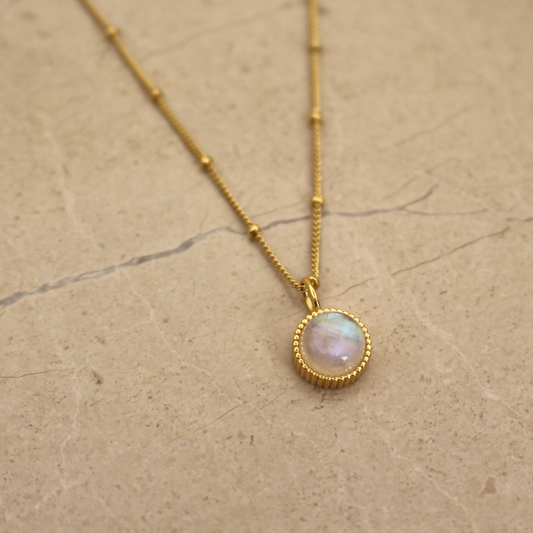 Gold Vermeil and Rainbow Moonstone Round Pendant Necklace - Rose and Wolf