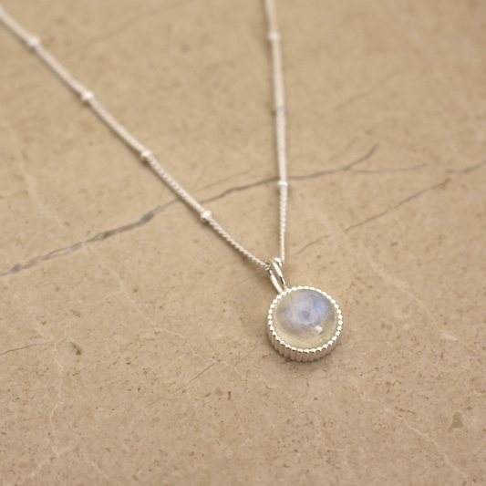 Sterling Silver and Rainbow Moonstone Round Pendant Necklace - Rose and Wolf
