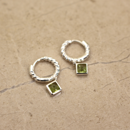 Sterling Silver and Peridot Square Huggie Earrings - Rose and Wolf