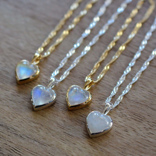 Sterling Silver and Rainbow Moonstone Heart Necklace - Rose and Wolf