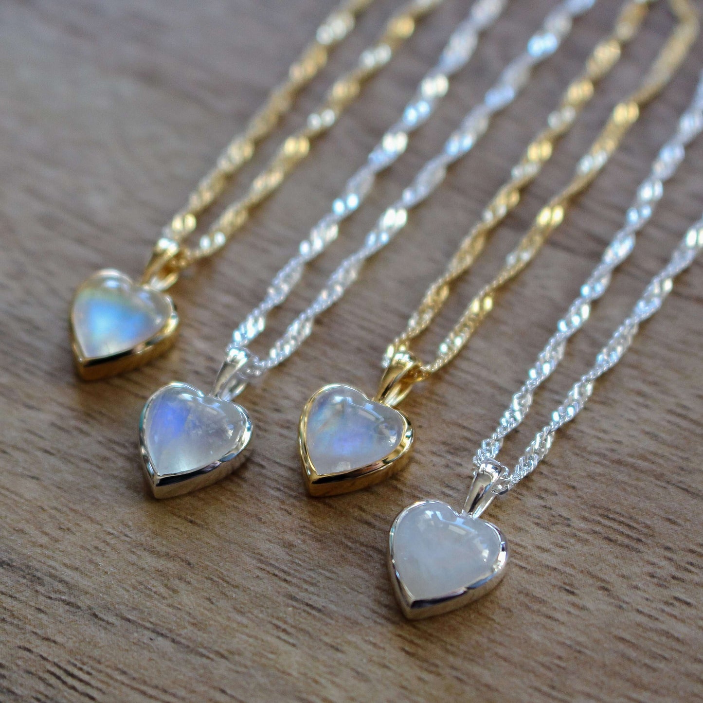 Sterling Silver and Rainbow Moonstone Heart Necklace - Rose and Wolf