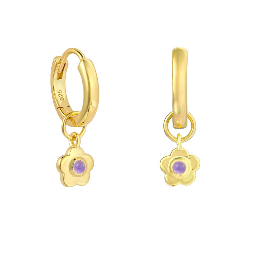 Gold Vermeil and Amethyst Flower Huggie Earrings
