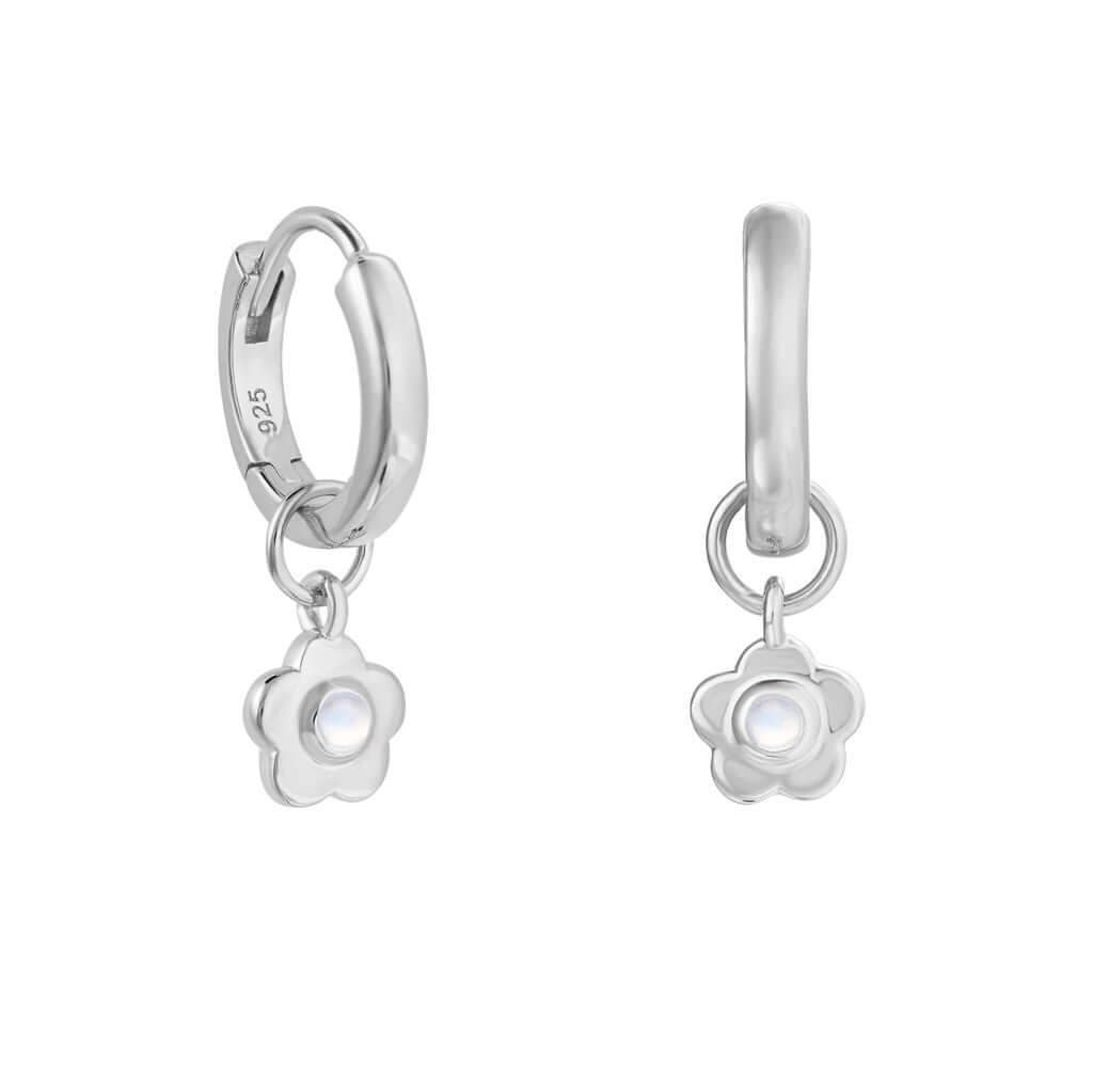 Sterling Silver and Rainbow Moonstone Flower Huggie Earrings - Rose and Wolf
