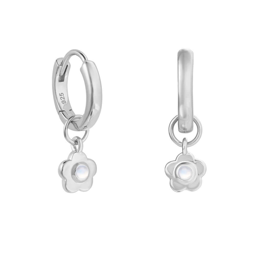 Sterling Silver and Rainbow Moonstone Flower Huggie Earrings