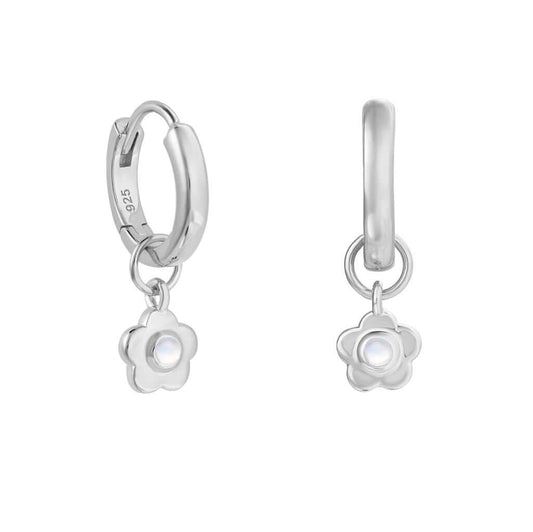Sterling Silver and Rainbow Moonstone Flower Huggie Earrings