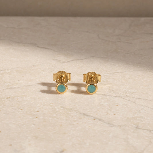 14ct gold vermeil amazonite stud earrings with round cabochon gemstones.