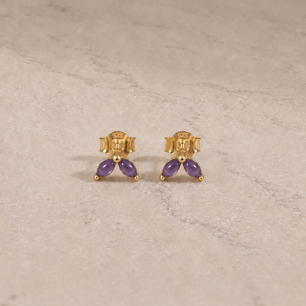 14ct gold vermeil amethyst marquise stud earrings with smooth cabochon gemstones.