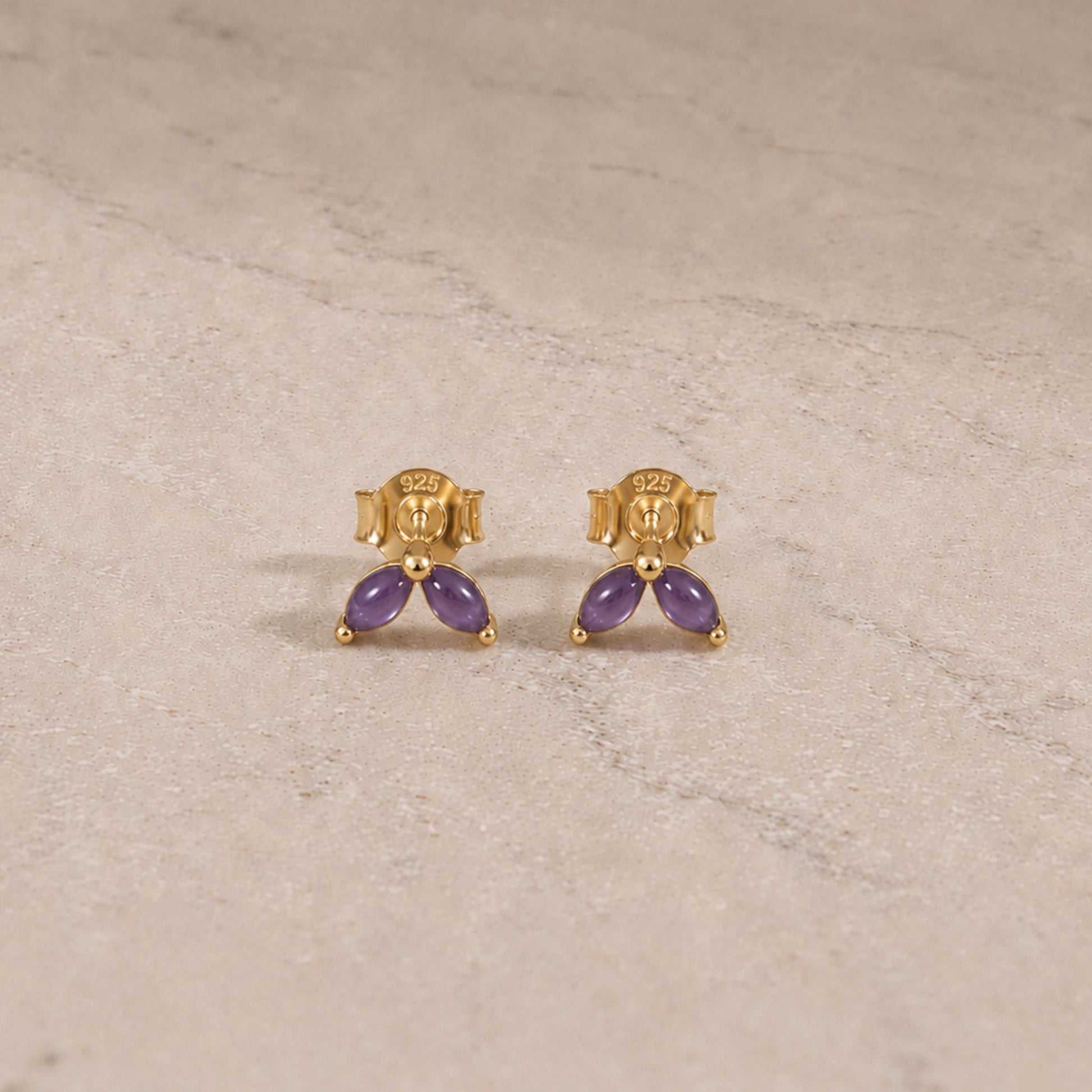 14ct gold vermeil amethyst marquise stud earrings with smooth cabochon gemstones.