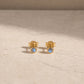 14ct gold vermeil labradorite stud earrings with round cabochon gemstones.