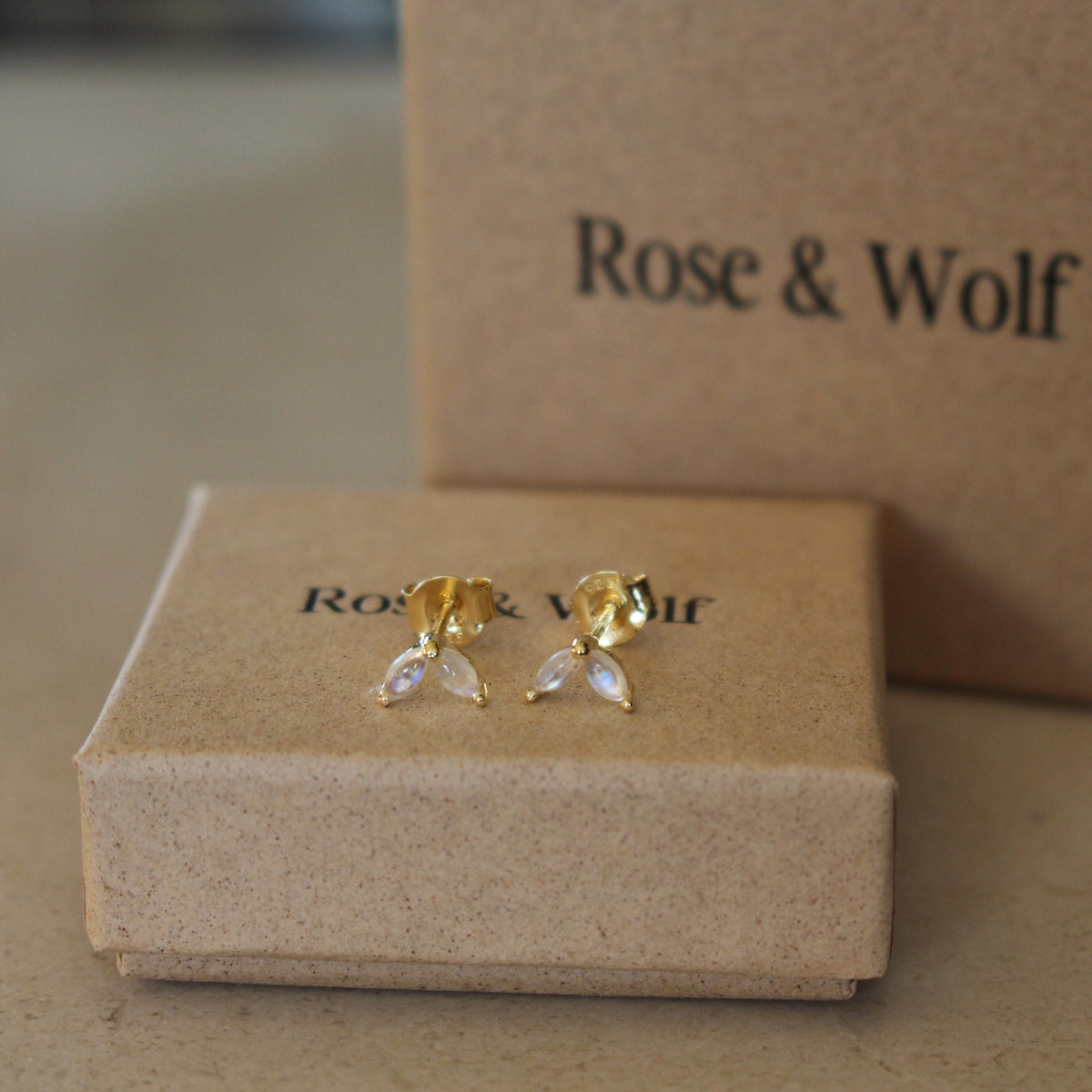Gold Vermeil and Rainbow Moonstone Marquise Stud Earrings - Rose and Wolf