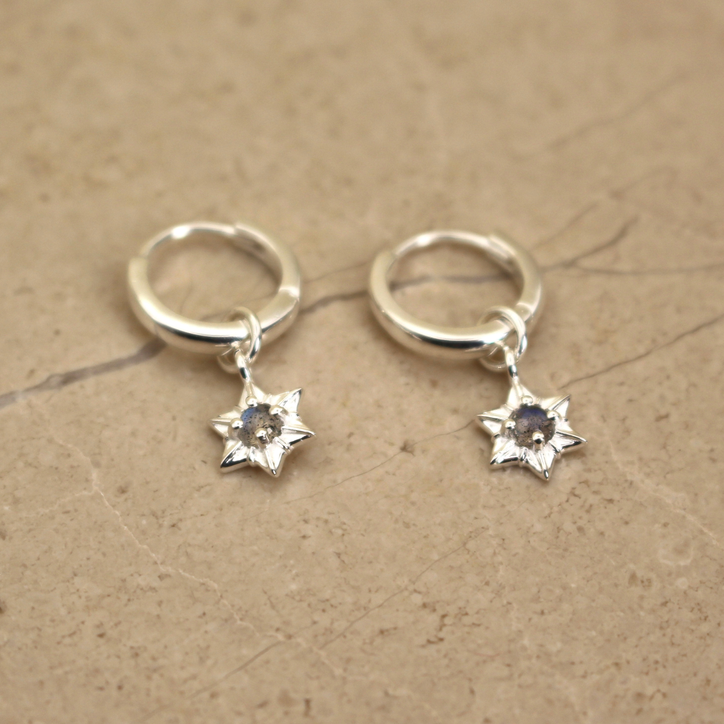 Sterling Silver and Labradorite Star Huggie Earrings - Rose and Wolf
