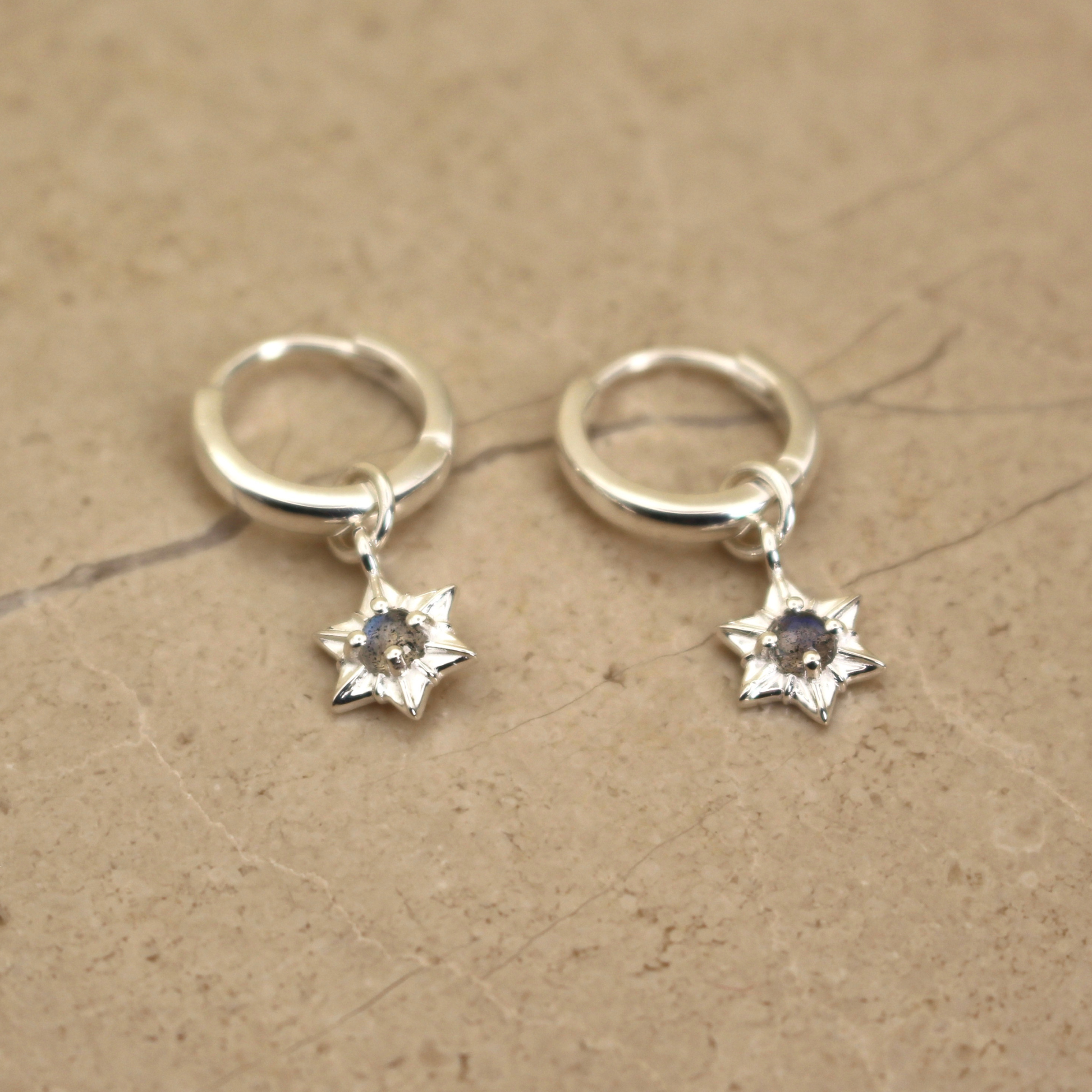 Sterling Silver and Labradorite Star Huggie Earrings - Rose and Wolf