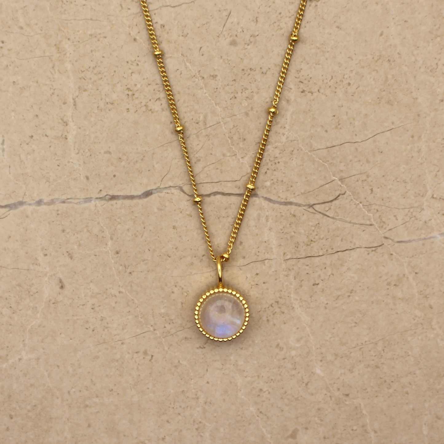 Gold Vermeil and Rainbow Moonstone Round Pendant Necklace - Rose and Wolf