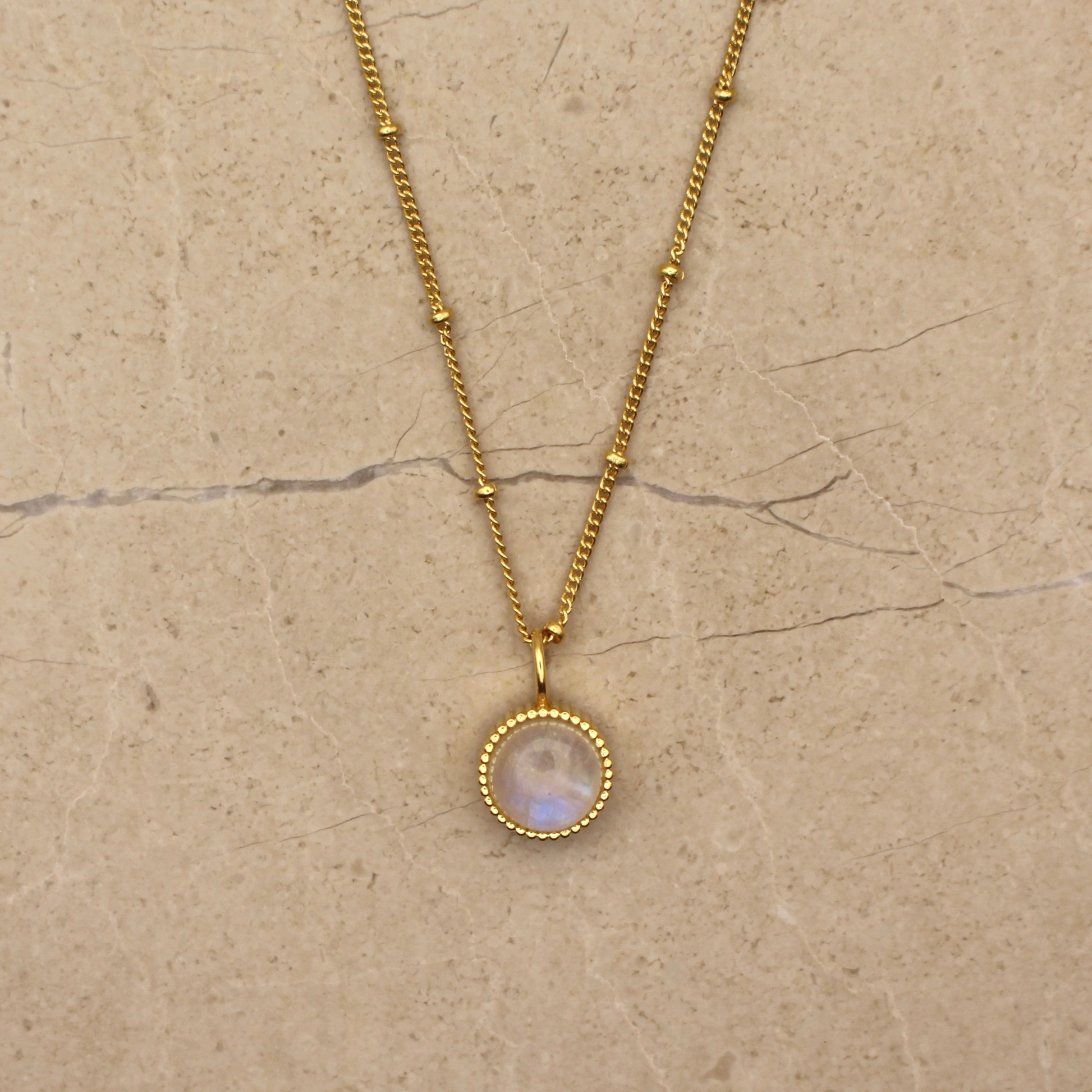 Gold Vermeil and Rainbow Moonstone Round Pendant Necklace - Rose and Wolf