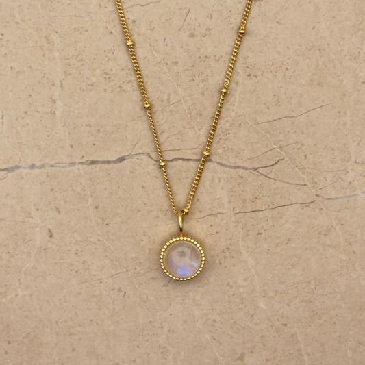 Gold Vermeil and Rainbow Moonstone Round Pendant Necklace - Rose and Wolf