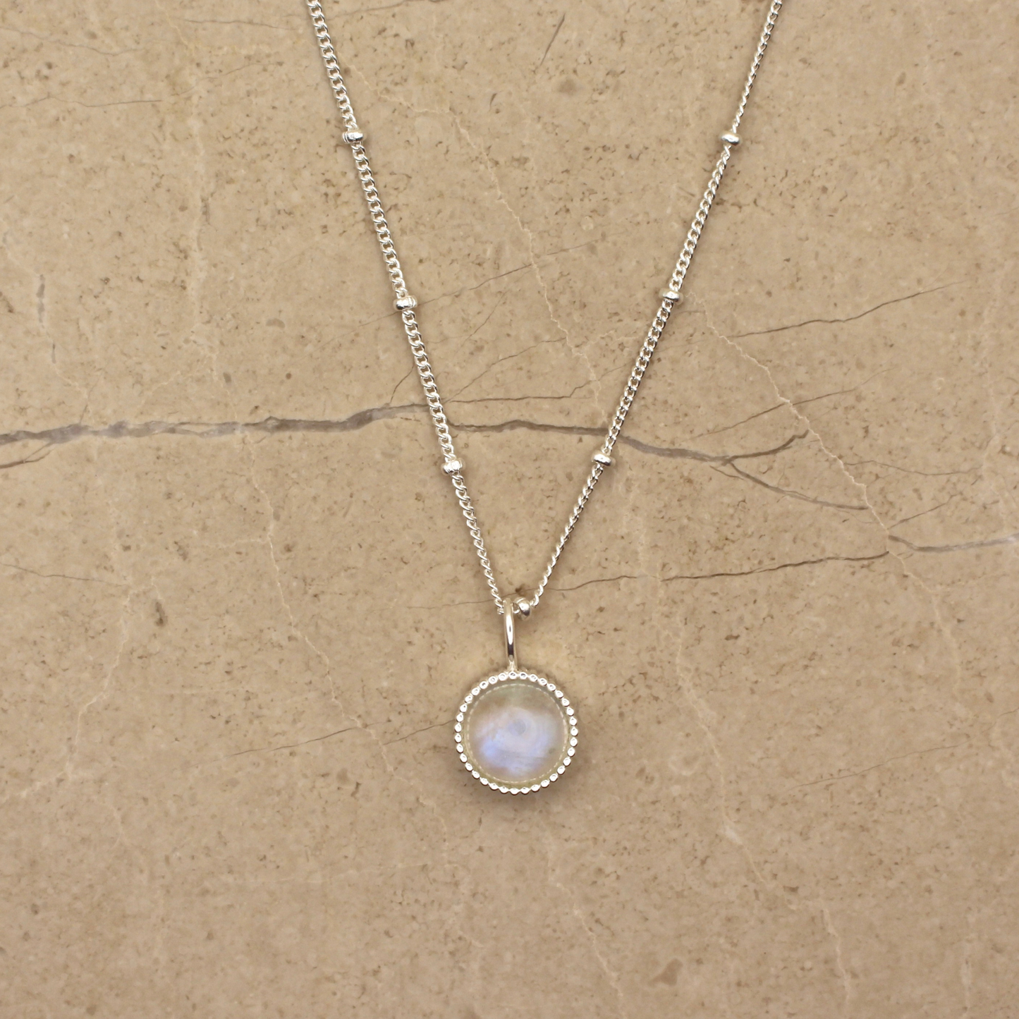 Sterling Silver and Rainbow Moonstone Round Pendant Necklace - Rose and Wolf