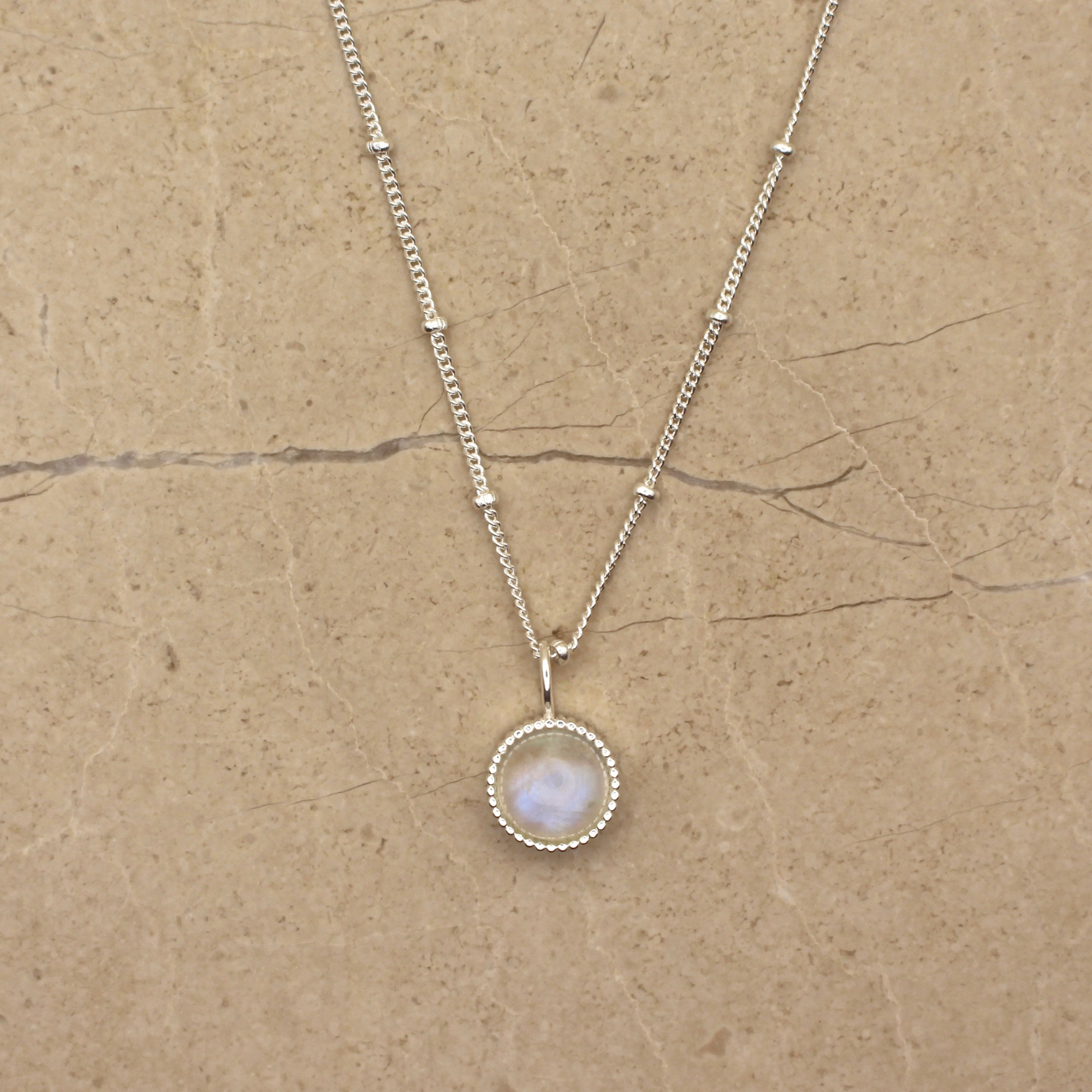 Sterling Silver and Rainbow Moonstone Round Pendant Necklace - Rose and Wolf