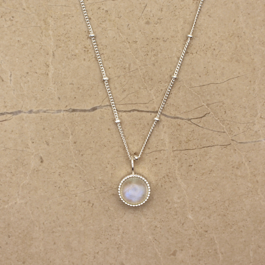 Sterling Silver and Rainbow Moonstone Round Pendant Necklace - Rose and Wolf