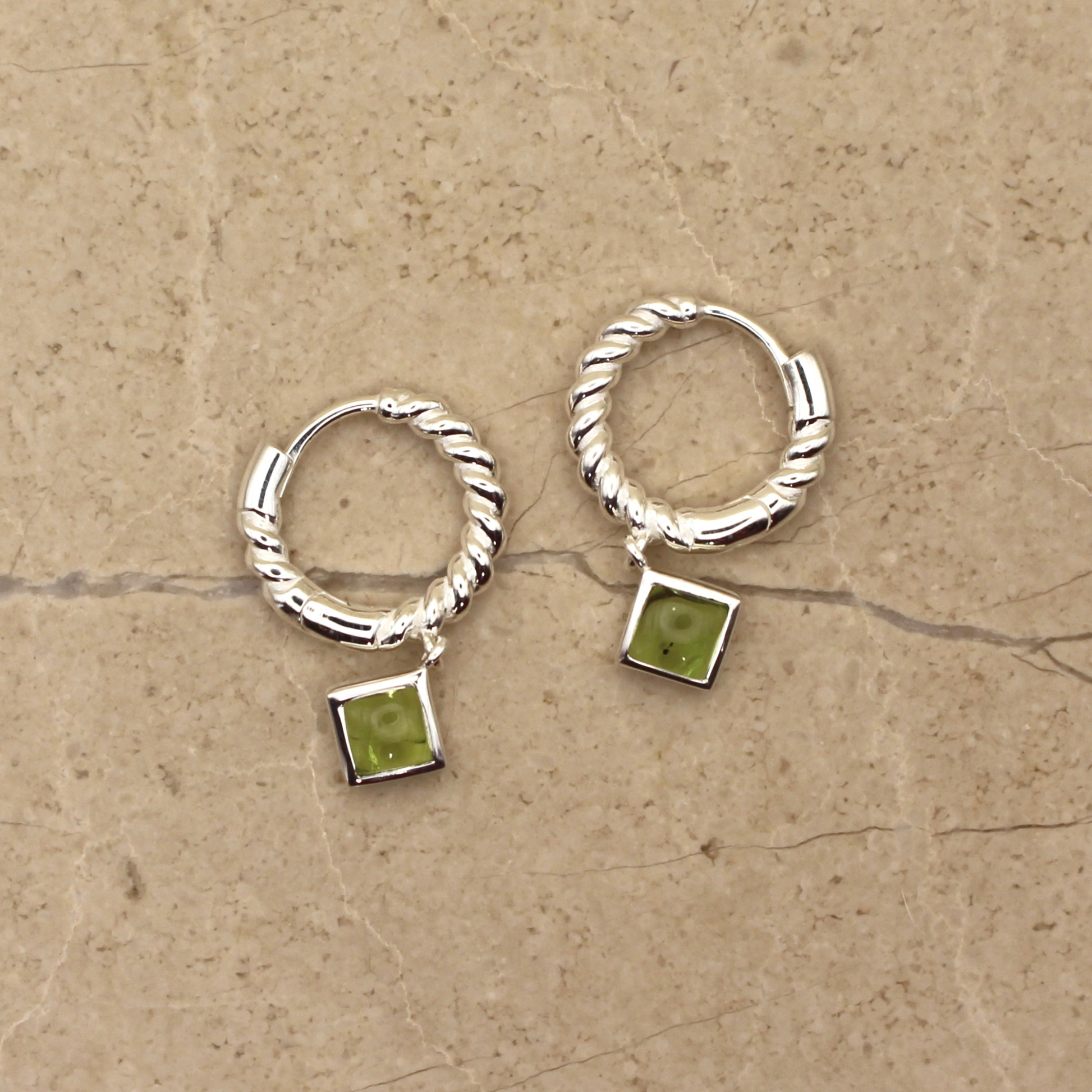 Sterling Silver and Peridot Square Huggie Earrings - Rose and Wolf