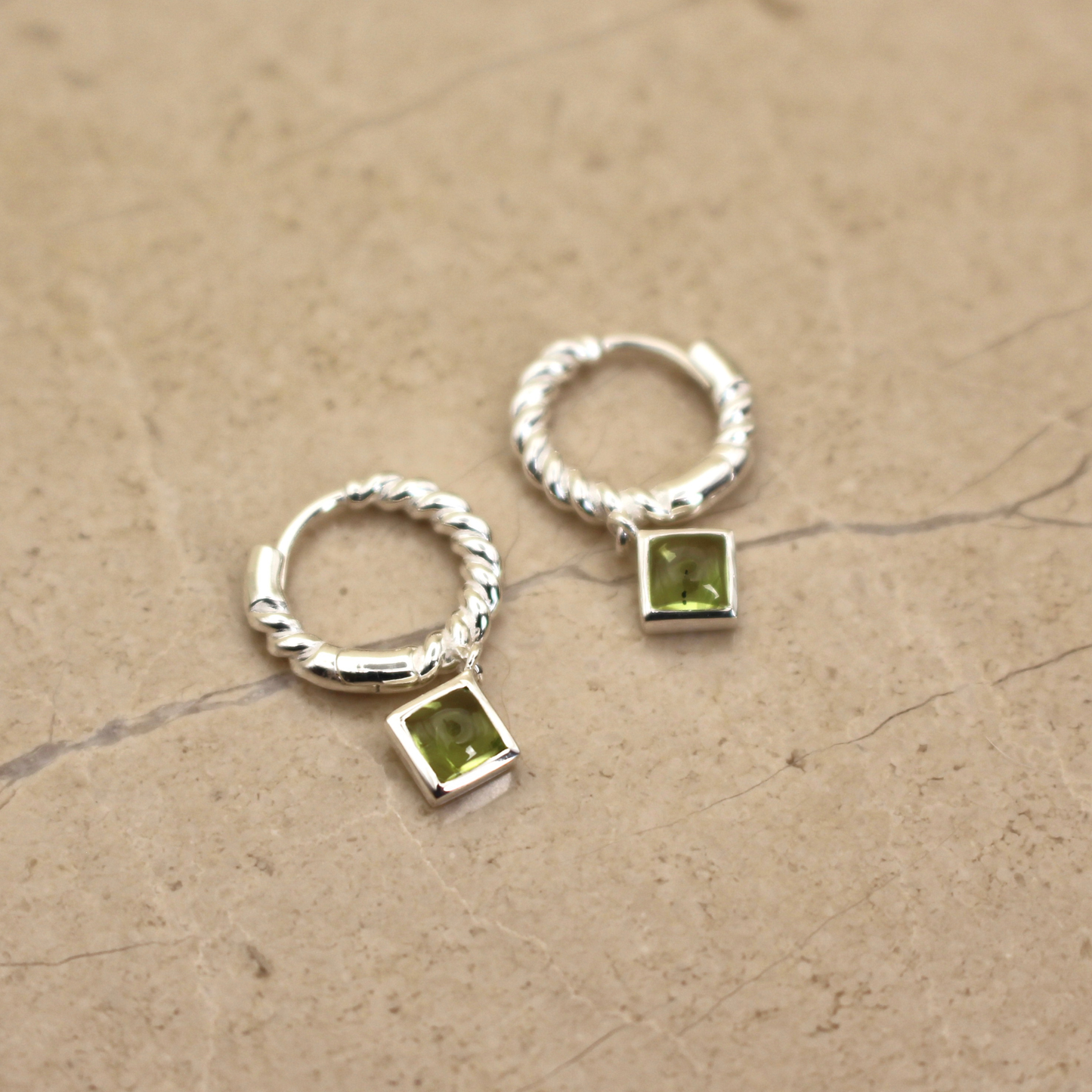 Sterling Silver and Peridot Square Huggie Earrings - Rose and Wolf