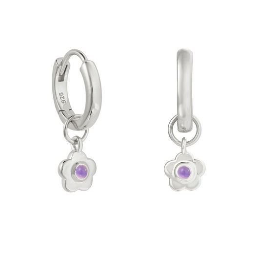 Sterling Silver and Amethyst Flower Huggie Earrings - Rose and Wolf