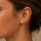 Close-up of a model wearing 14ct gold vermeil amazonite round stud earrings with smooth cabochon stones.