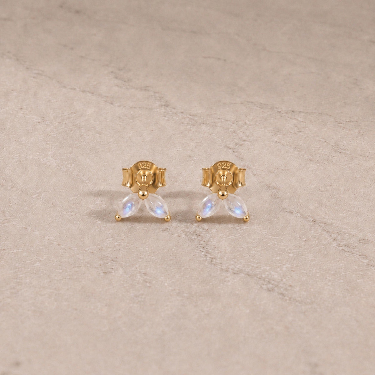 14ct gold vermeil rainbow moonstone marquise stud earrings with smooth cabochon gemstones.